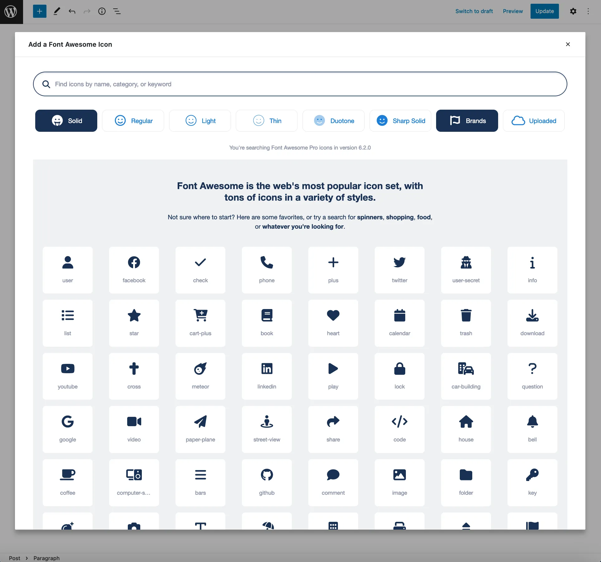 The icon chooser ready to search all Pro icons, across families and styles, as well as uploaded icons