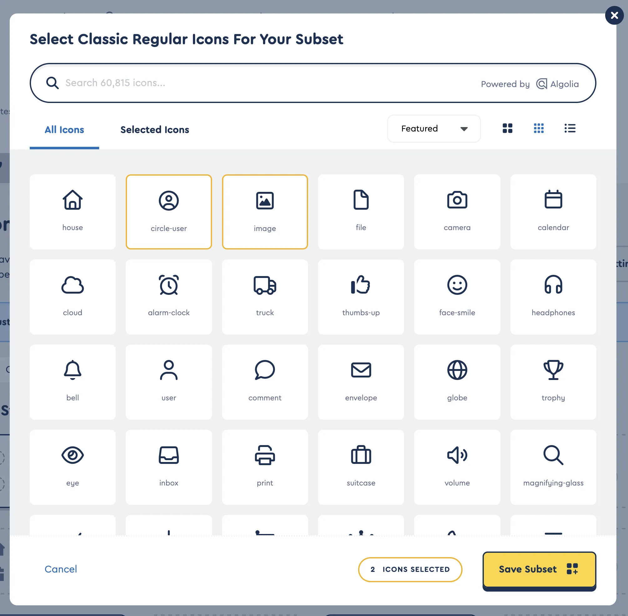 Searching and selecting icons from the Classic Regular style for your subset