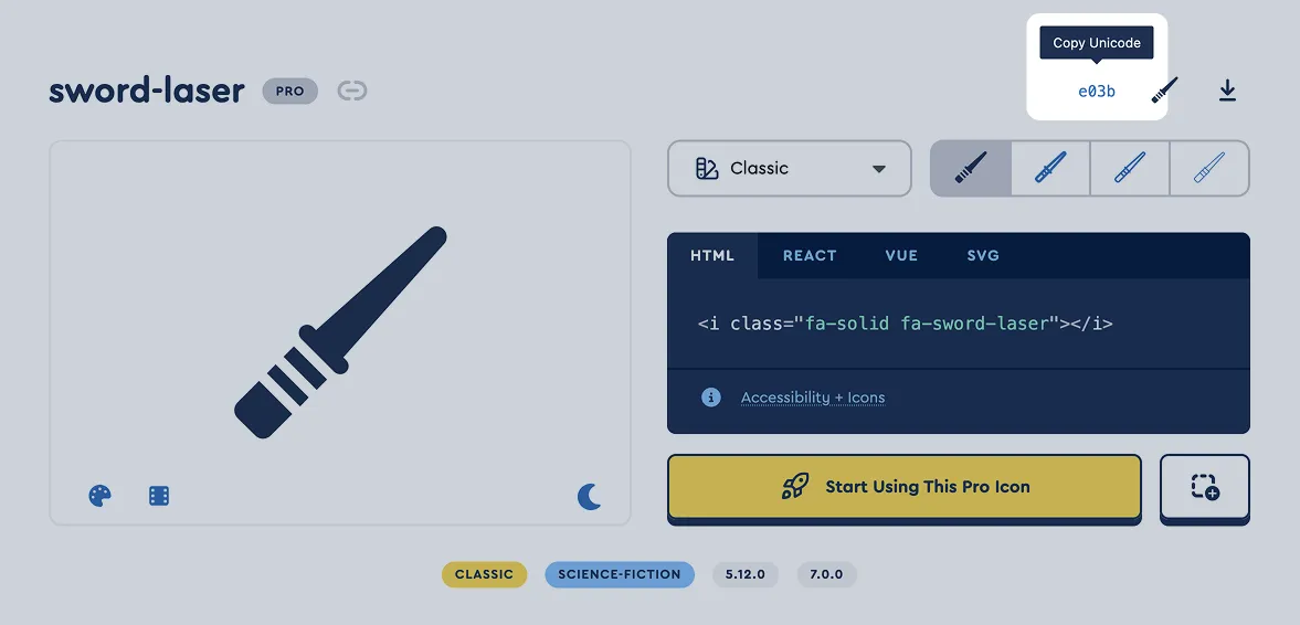 Screenshot of the Font Awesome website with the Unicode value highlighted