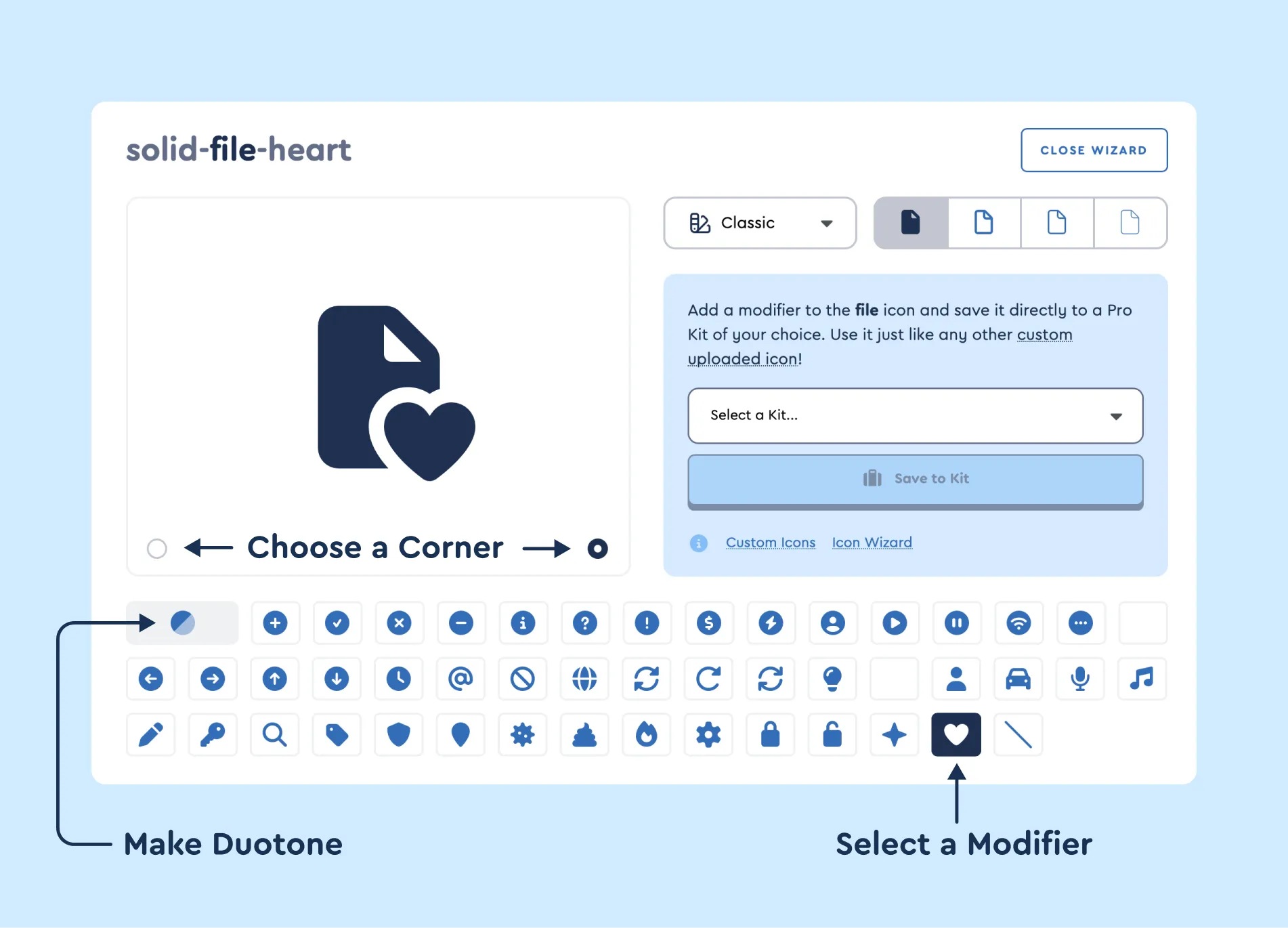 Select a modifier, choose a corner, and optionally make Duotone.