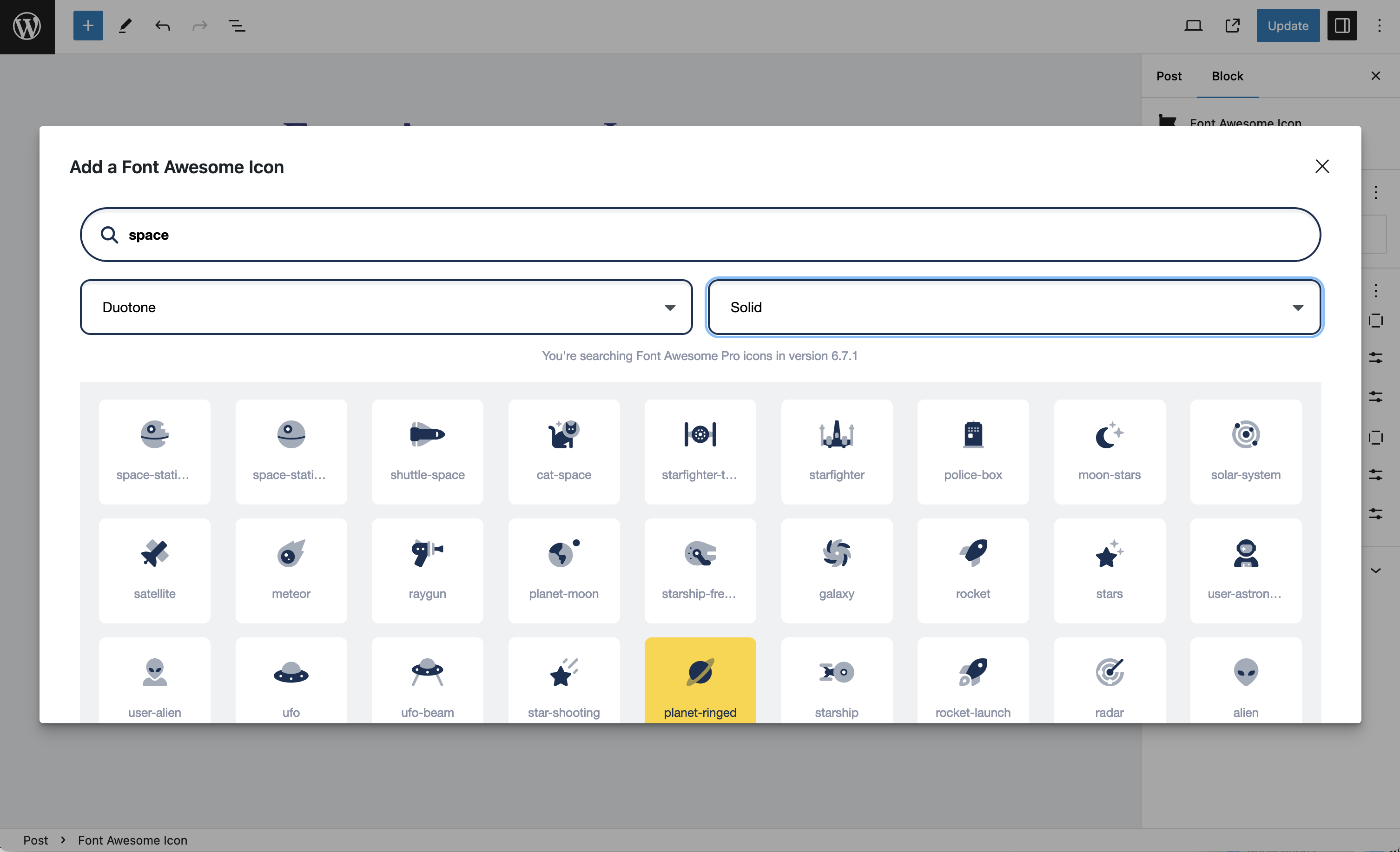 Searching for a Duotone Solid style space icon in the icon chooser