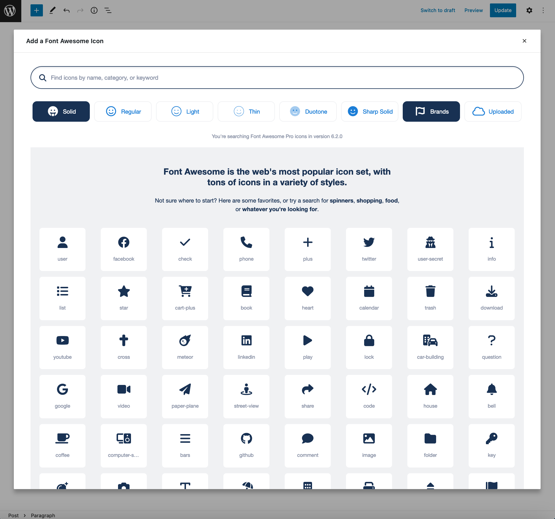 The icon chooser ready to search all Pro/Pro+ icons, across families and styles, as well as uploaded icons